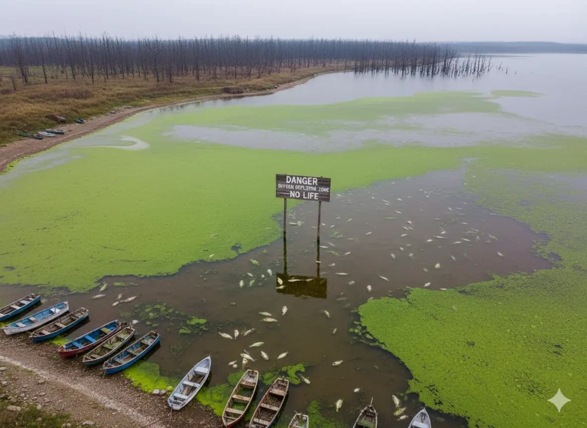 An aerial view of an algae-covered lake filled with dead fish and a warning sign that reads DANGER: OXYGEN DEPLETION ZONE — NO LIFE, set against a backdrop of skeletal trees.